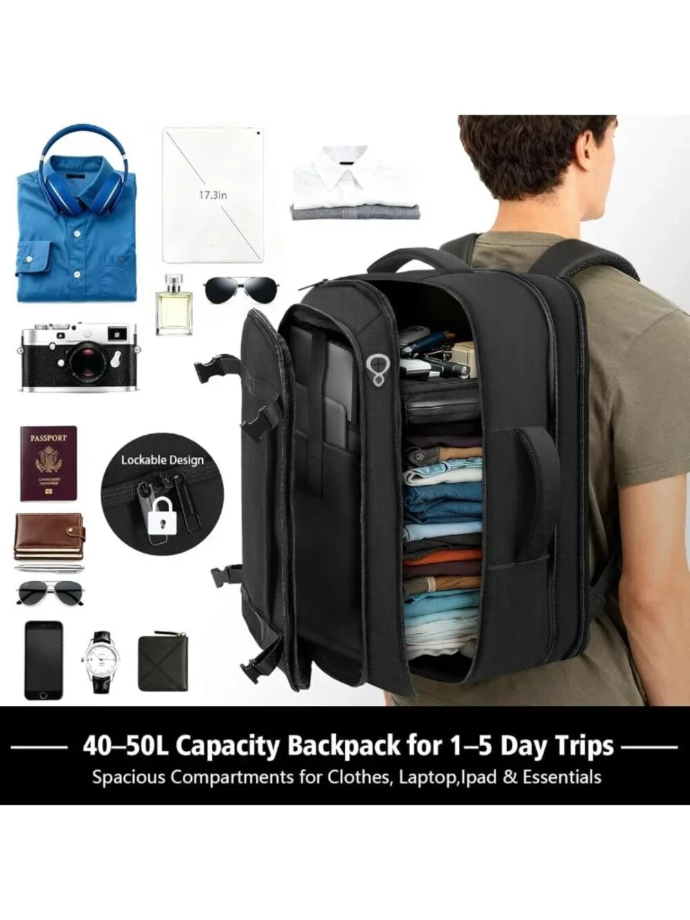 Spacious Expandable Travel Backpack, Water-Resistant, Fits 17.3